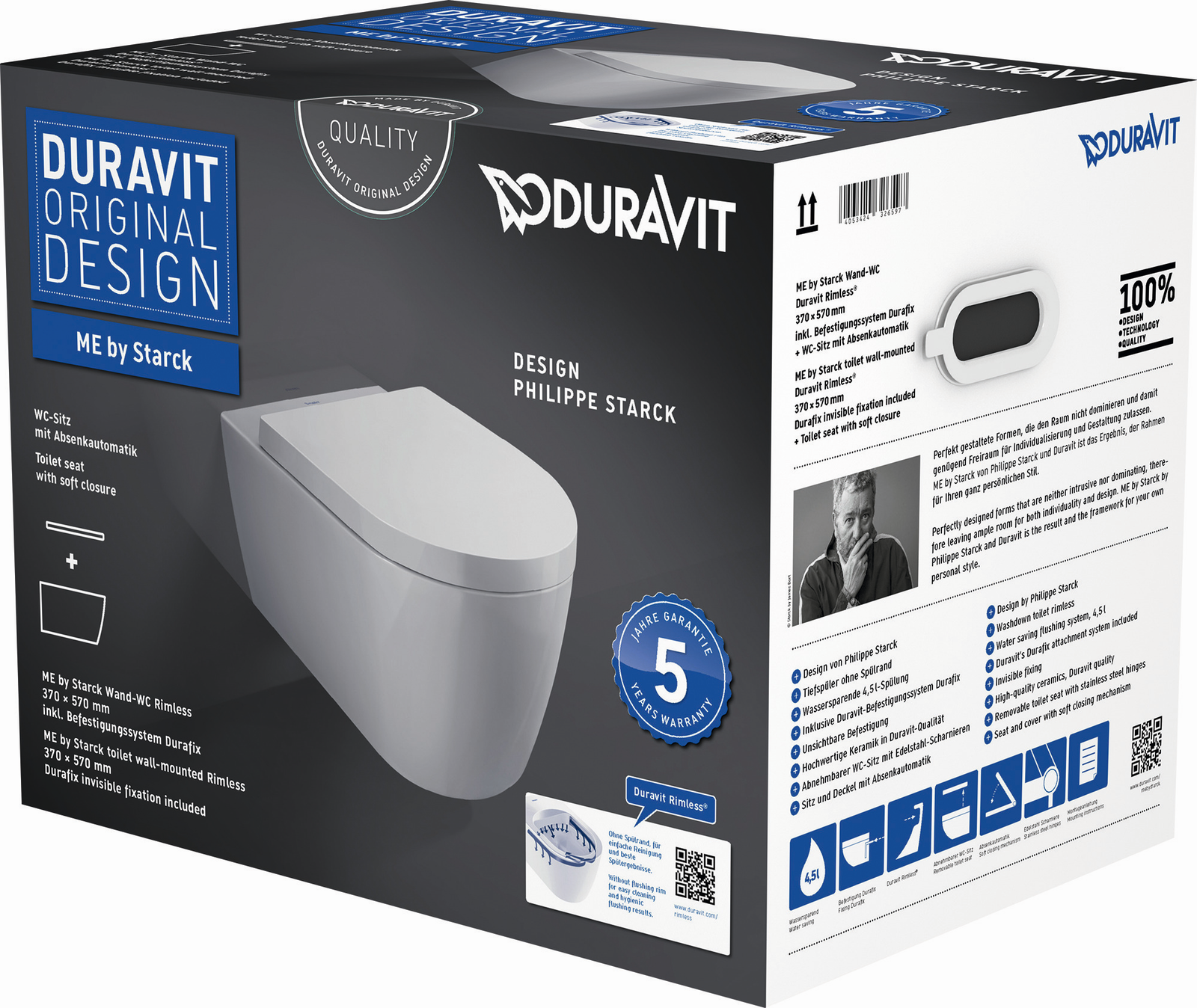 Duravit Wand-Tiefspül-WC Set Me by Starck mit WC-Sitz, Rimless, weiß