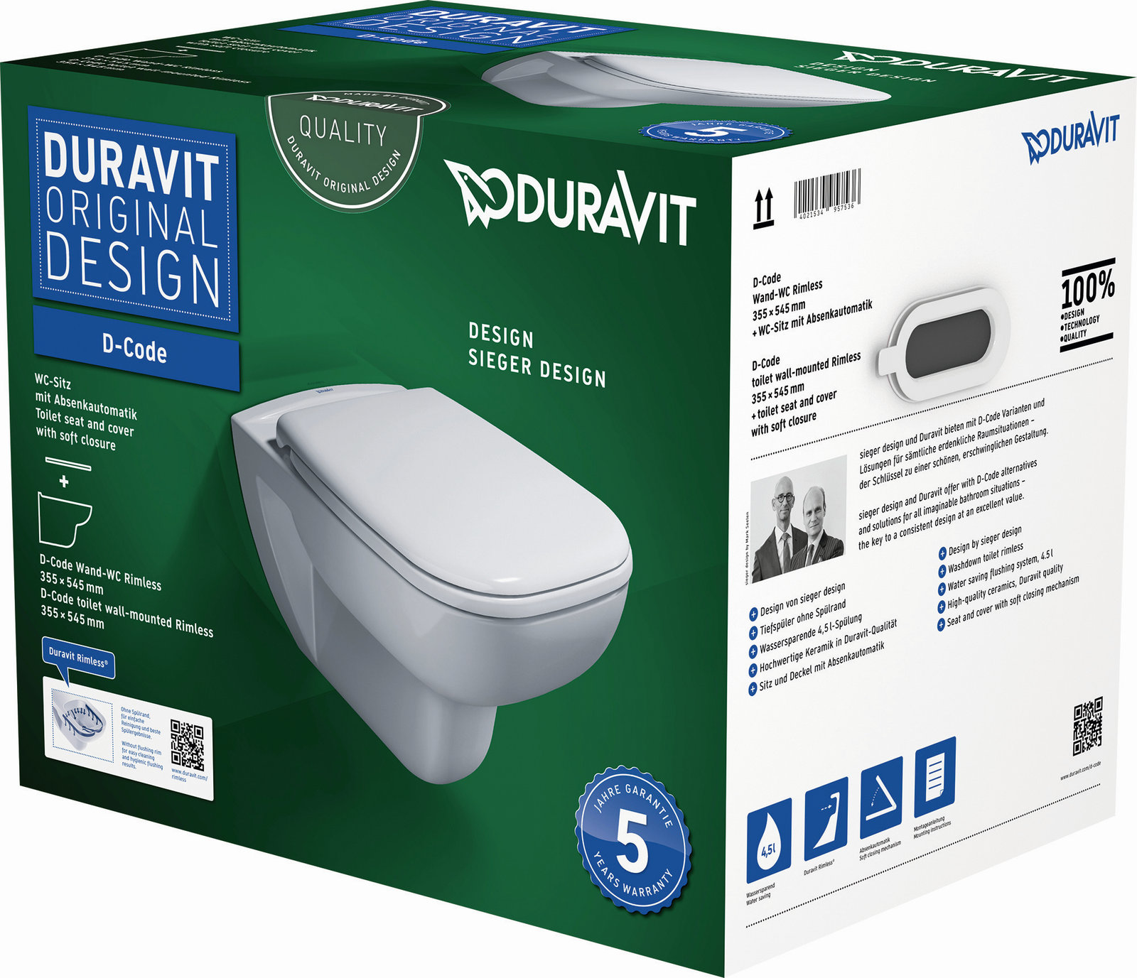 Duravit Wand-Tiefspül-WC Set D-Code mit WC-Sitz, Rimless, Durafix, weiß
