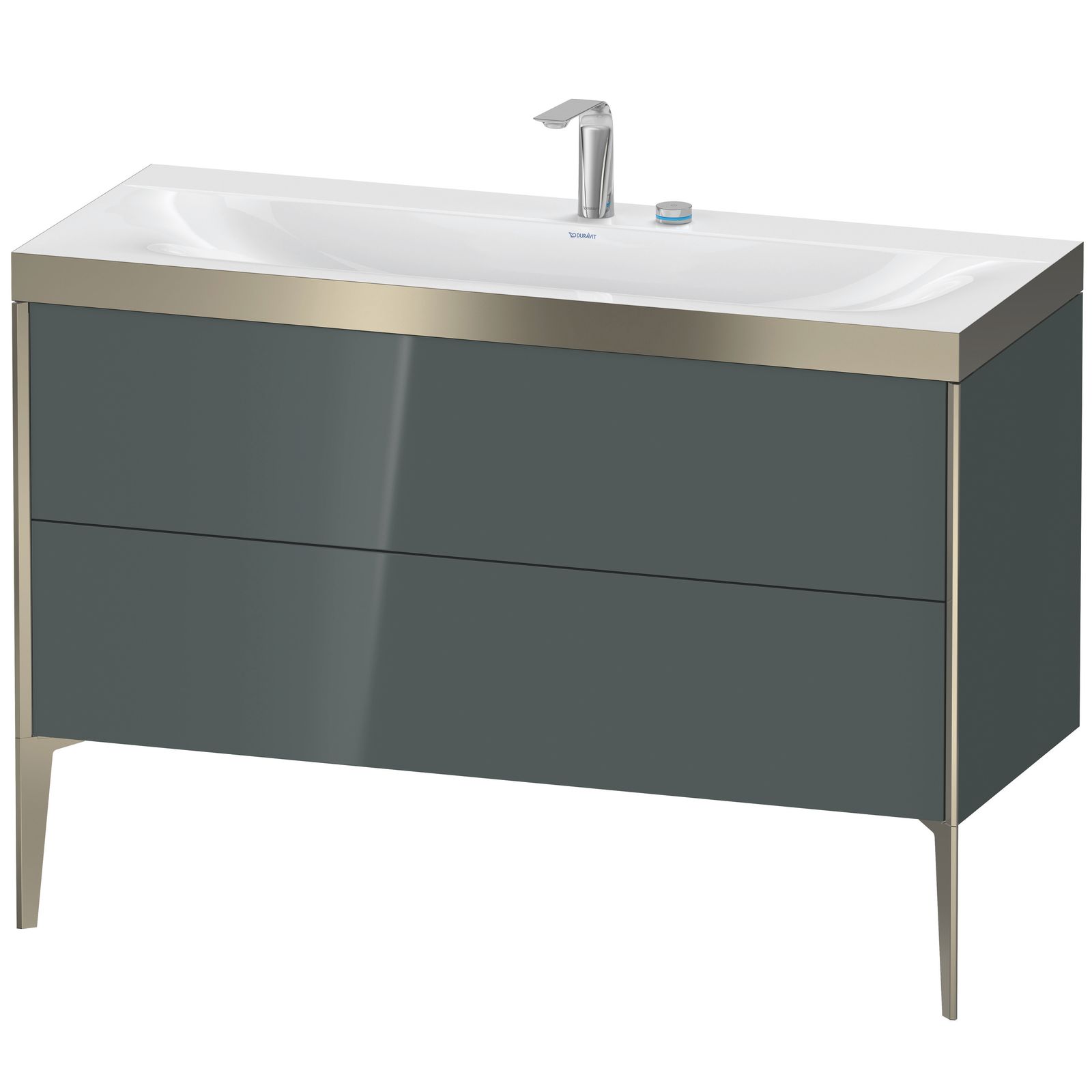 Duravit Waschtisch-Unterschrank c-bonded XViu 120x48cm, 2 Auszüge, 2 Hahnlöcher, champagner matt, Rahmen P, dolomiti grey hochglanz Duravit Waschtisch-Unterschrank c-bonded XViu 120x48cm, 2 Auszüge, 2 Hahnlöcher, champagner matt, Rahmen P, dolomiti grey hochglanz