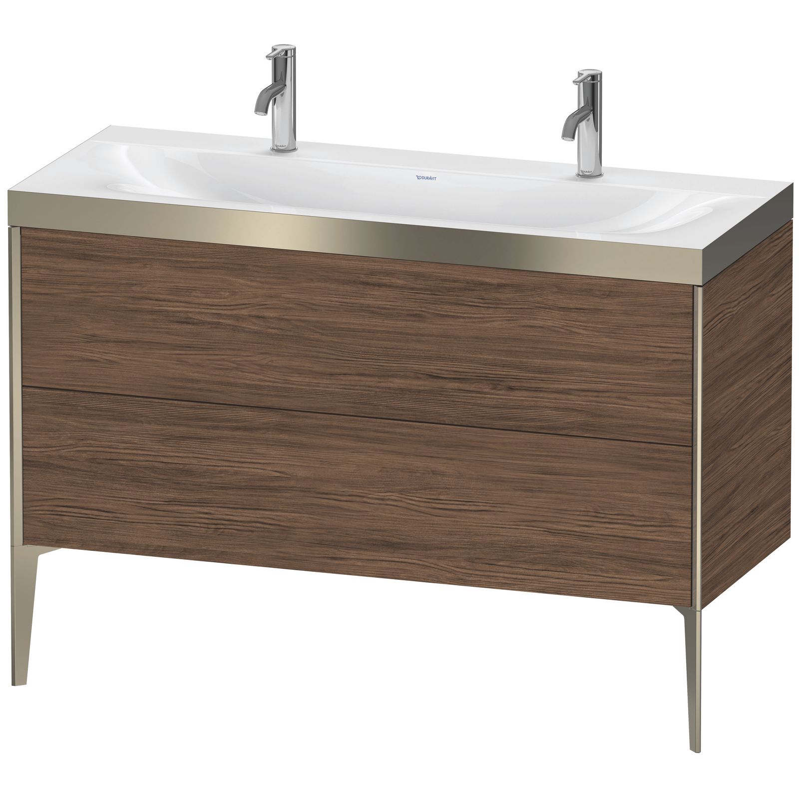 Duravit Waschtisch-Unterschrank c-bonded XViu 120x48cm, 2 Auszüge, ohne Hahnloch, champagner matt, Rahmen P, nussbaum dunkel Duravit Waschtisch-Unterschrank c-bonded XViu 120x48cm, 2 Auszüge, ohne Hahnloch, champagner matt, Rahmen P, nussbaum dunkel