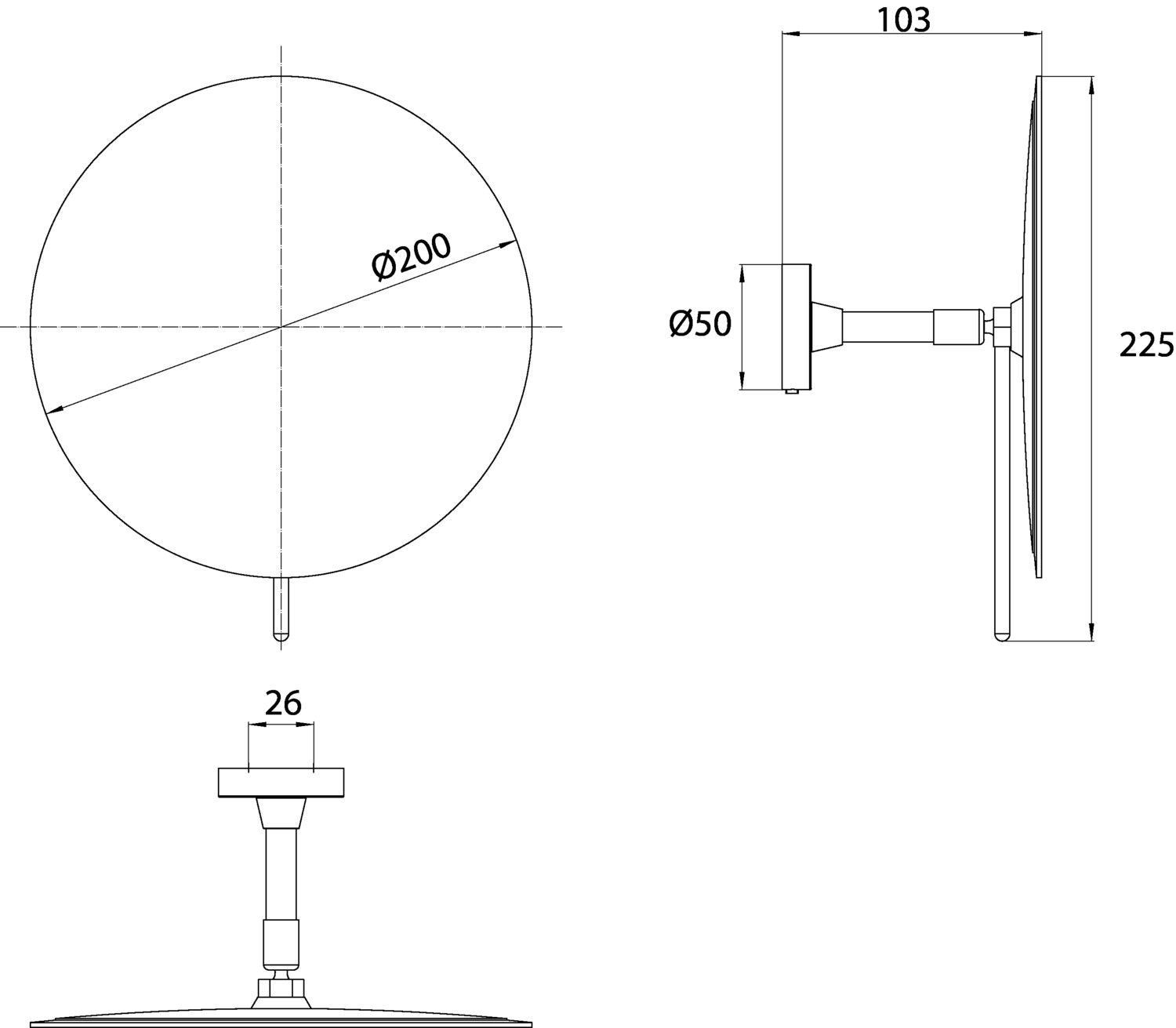 EMCO Wandspiegel Round d= 200mm, 1-armig, rund, 3-fach, Klebeadapter, weiß