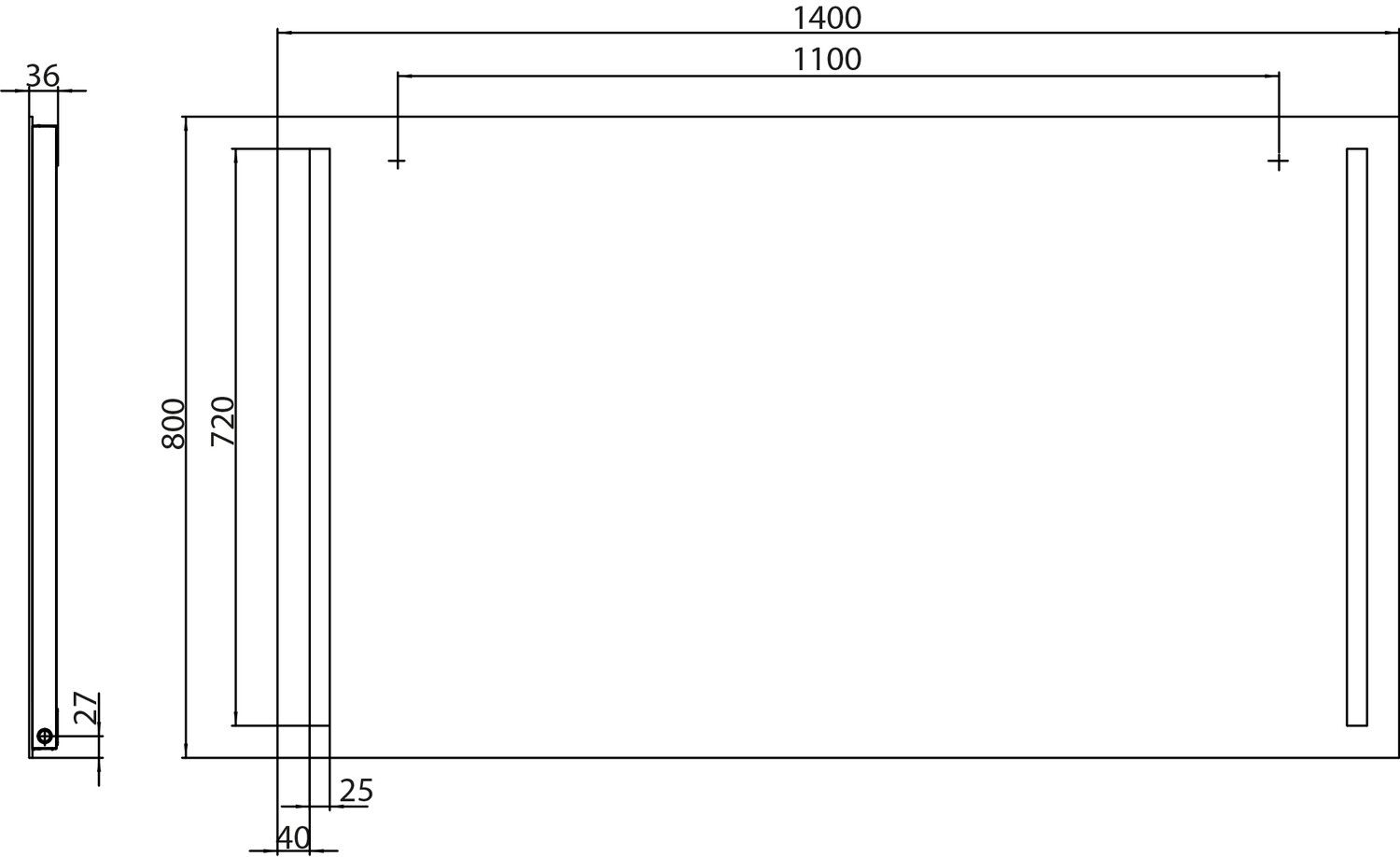 EMCO LED-Lichtspiegel MI 270 1400 x 800 mm, 2 Lichtausschnitte links/rechts, Sensorschalter/Unterlicht