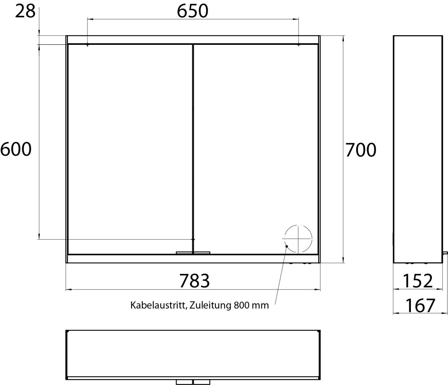 EMCO Aufputz-Lichtspiegelschrank prime 2 800x700mm, 2-türig, schwarz/spiegel