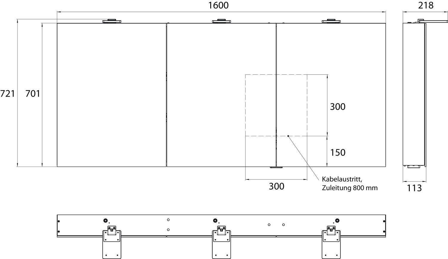 EMCO Aufputz-Lichtspiegelschrank flat 2 Style 1600x721mm, LED-Aufsatzleuchte, 3-türig, Aluminium