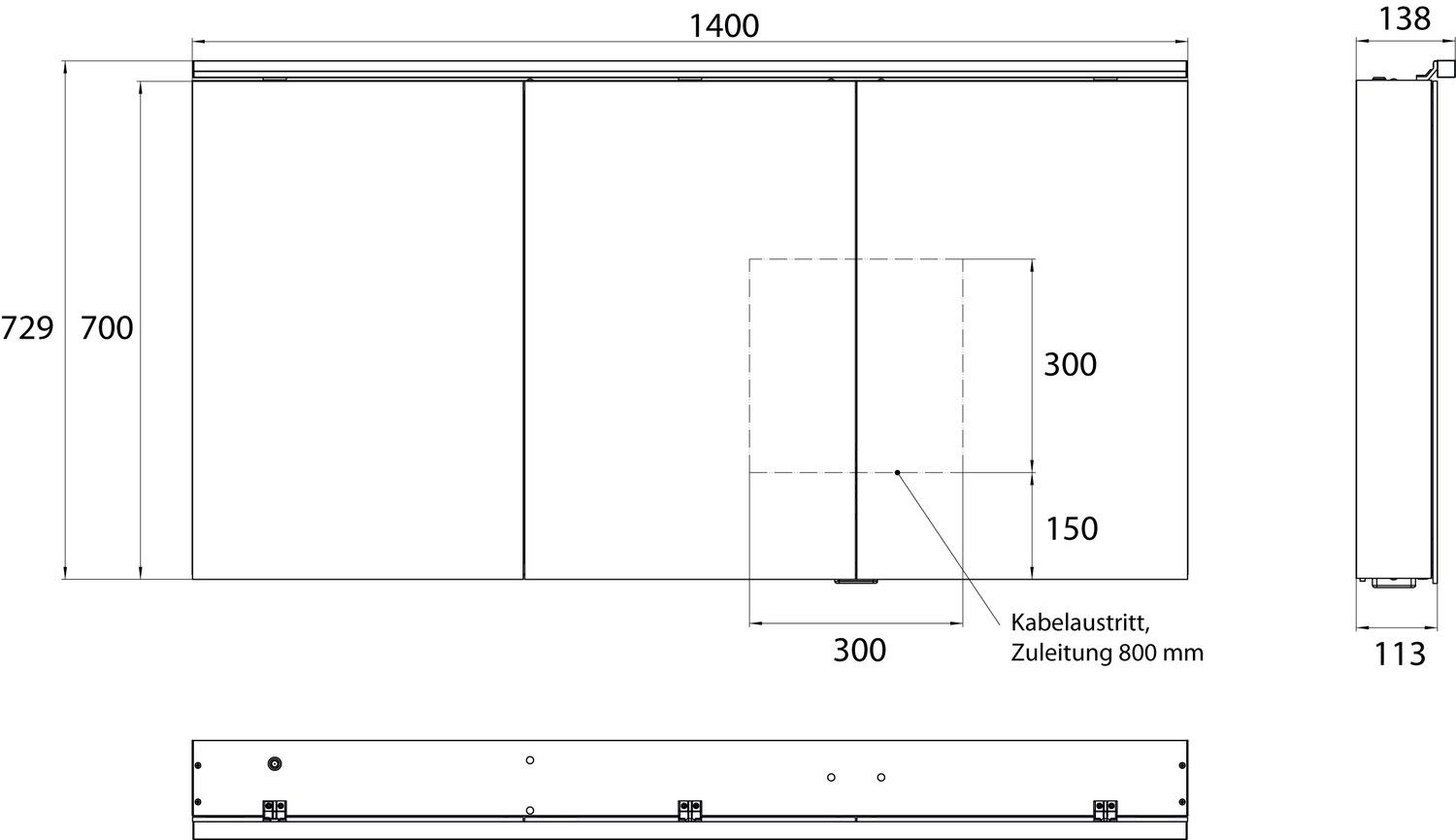 EMCO Aufputz-Lichtspiegelschrank flat 2 Classic 1400x729mm, LED-Aufsatzleuchte, 3-türig, Aluminium