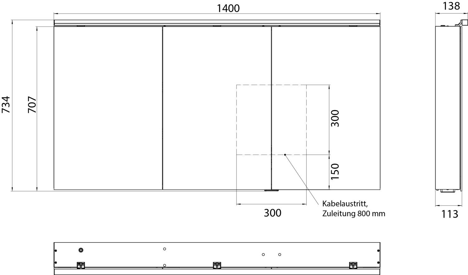 EMCO Aufputz-Lichtspiegelschrank flat 2 Classic 1400x729mm, LED-Aufsatzleuchte, 3-türig, Aluminium