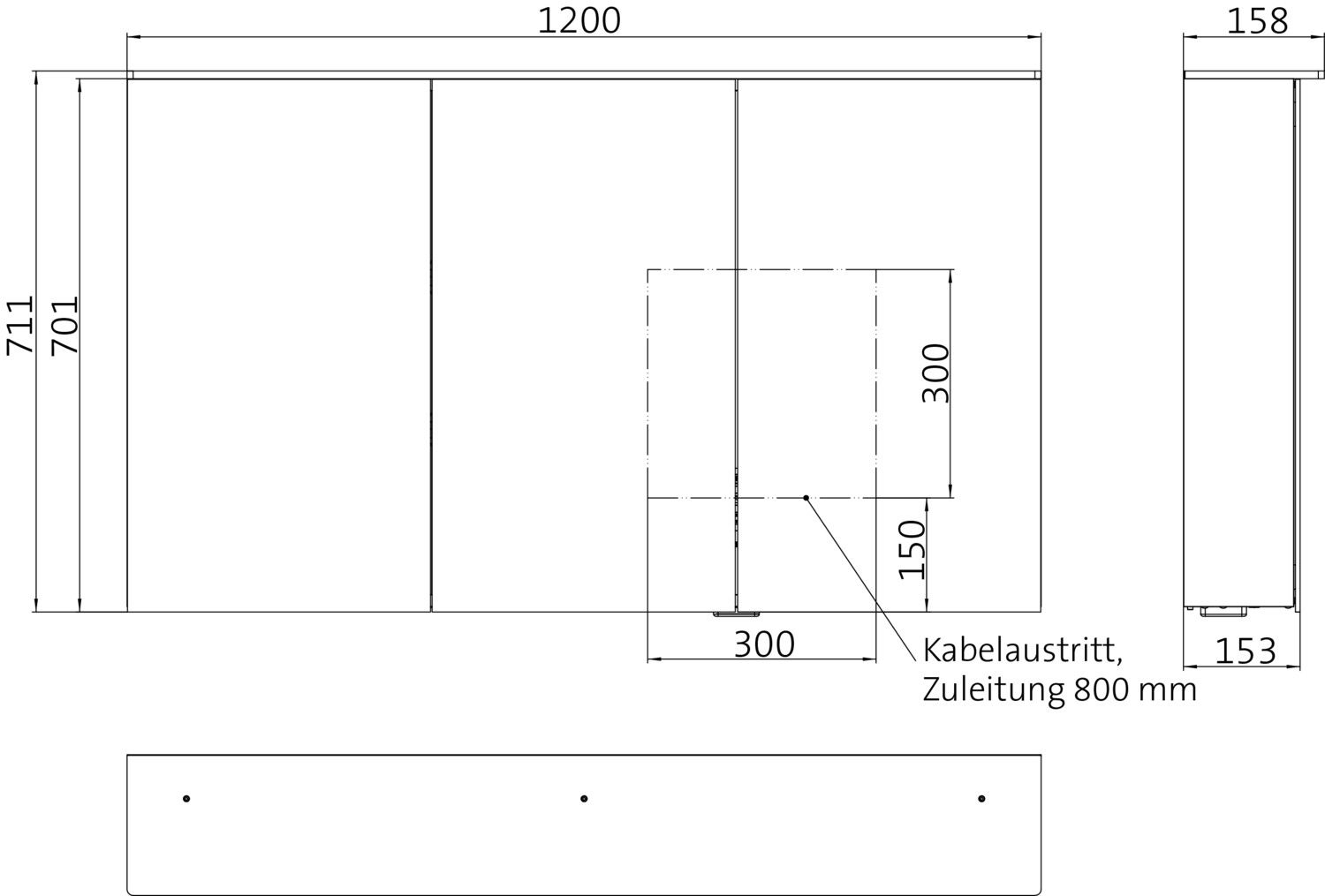 EC Lichtspiegelschrank pure 2 05408 Aufputz, 3trg. 1200 mm alu.