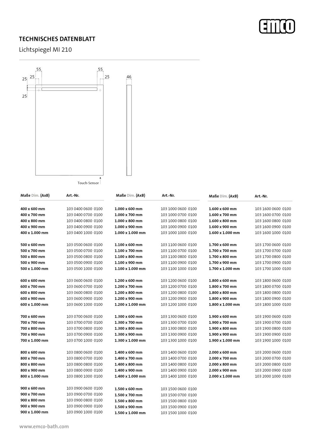 EMCO LED-Lichtspiegel MI 210 1800 x 800 mm, mit horizontalem Lichtausschnitt oben 35mm