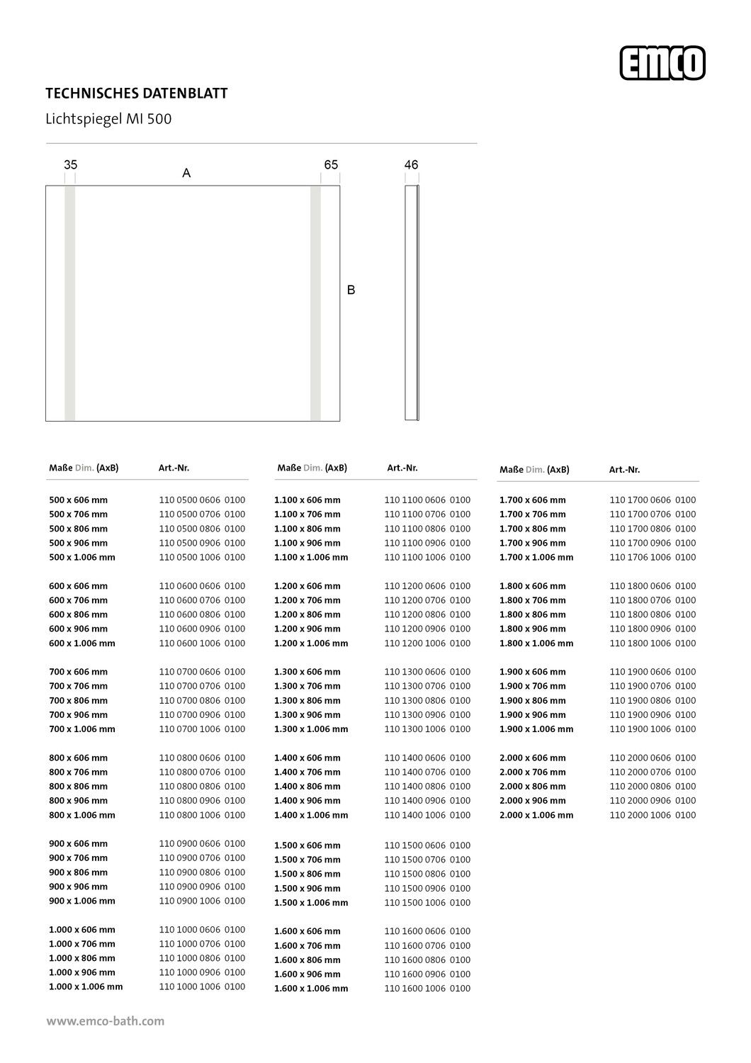 EMCO LED-Lichtspiegel MI 500 800 x 606 mm, mit 2 durchgehenden Lichtausschnitten links und rechts