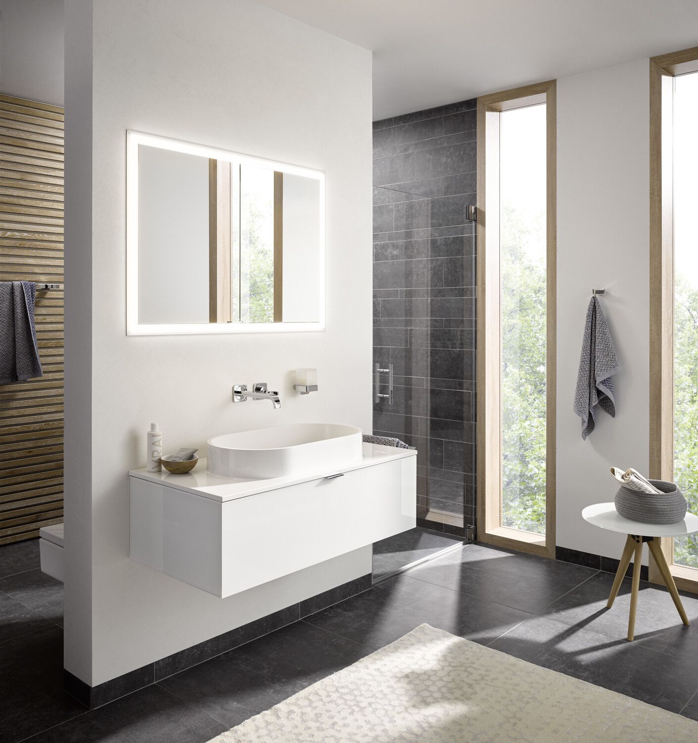 EMCO Unterputz-Lichtspiegelschrank prime Facelift 600x730mm, 1 Tür, Anschlag rechts, aluminium/weiss
