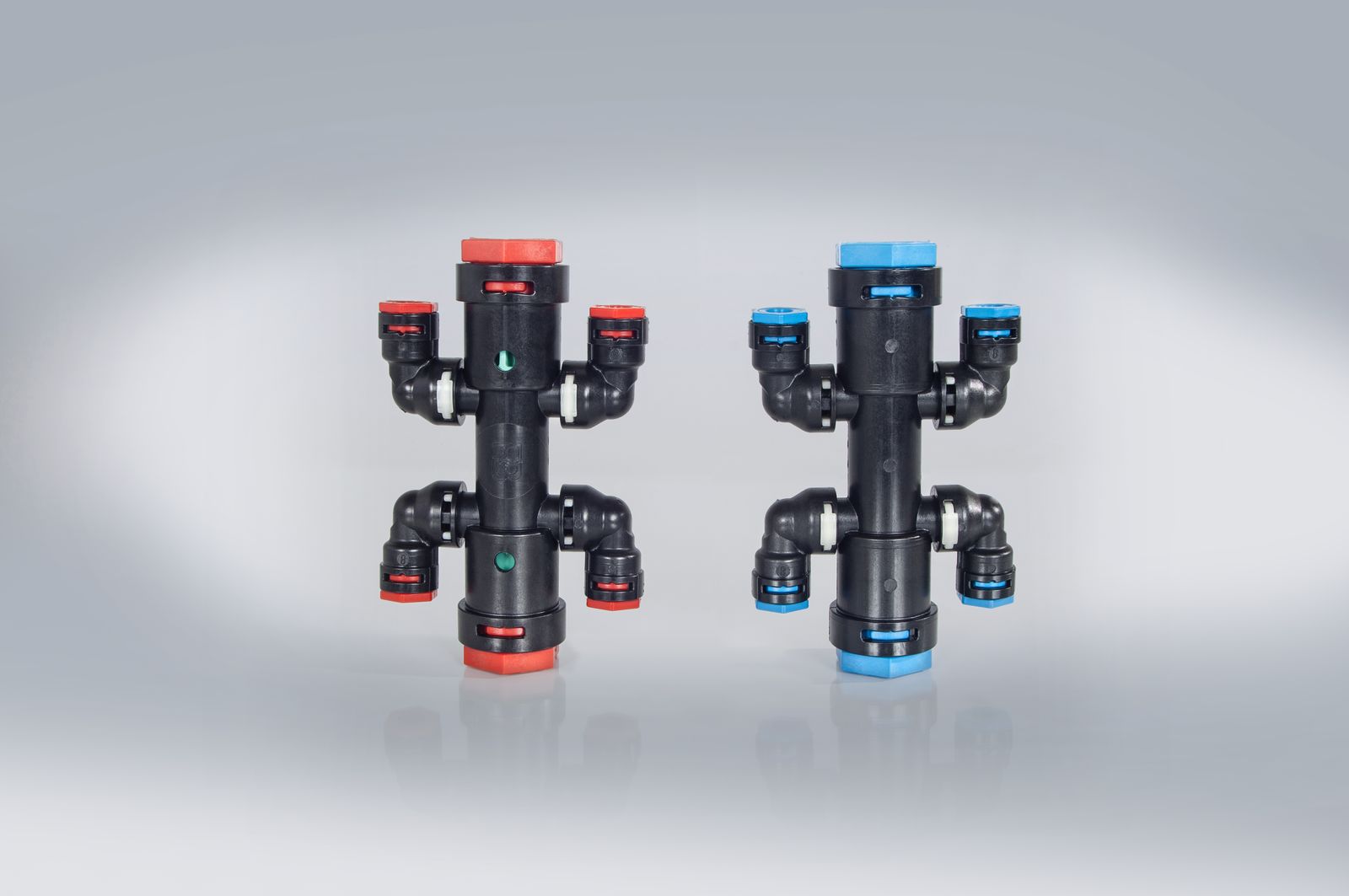 EMPUR Steckfitting H/K Element blau, Durchgang 20 x 2 mm, 4 Abgänge, für Alu-Verbundrohr