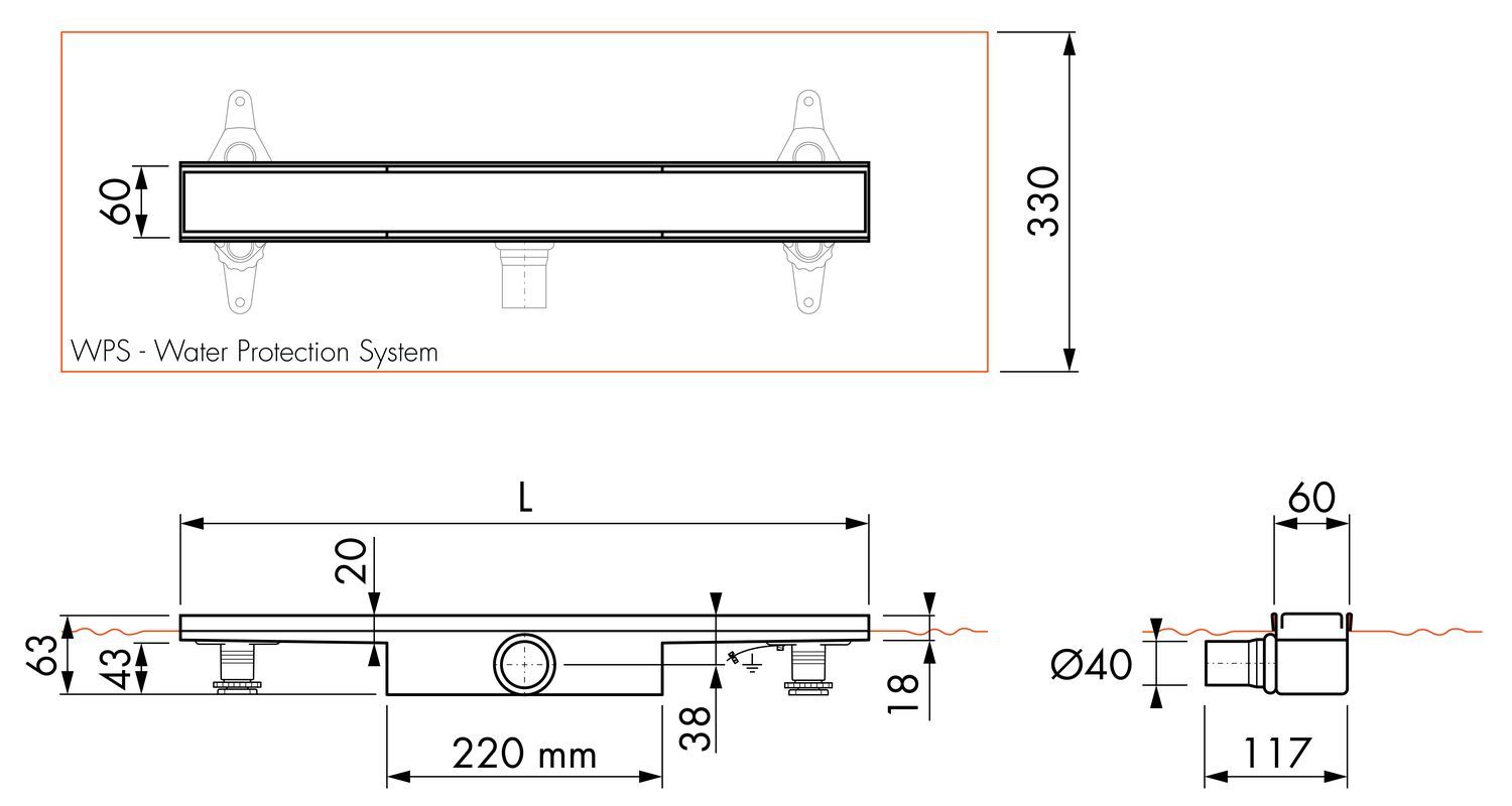 ESS Duschrinne Compact 30 FF 1500 mm, Sperrwasserhöhe 30 mm, Bauhöhe 43 mm, einteilig