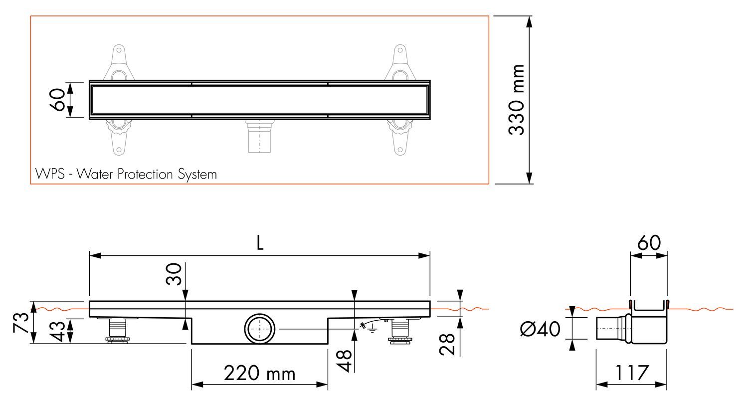 ESS Duschrinne Compact 30 FF 500 mm, Sperrwasserhöhe 30 mm, Bauhöhe 43 mm, befliesbar
