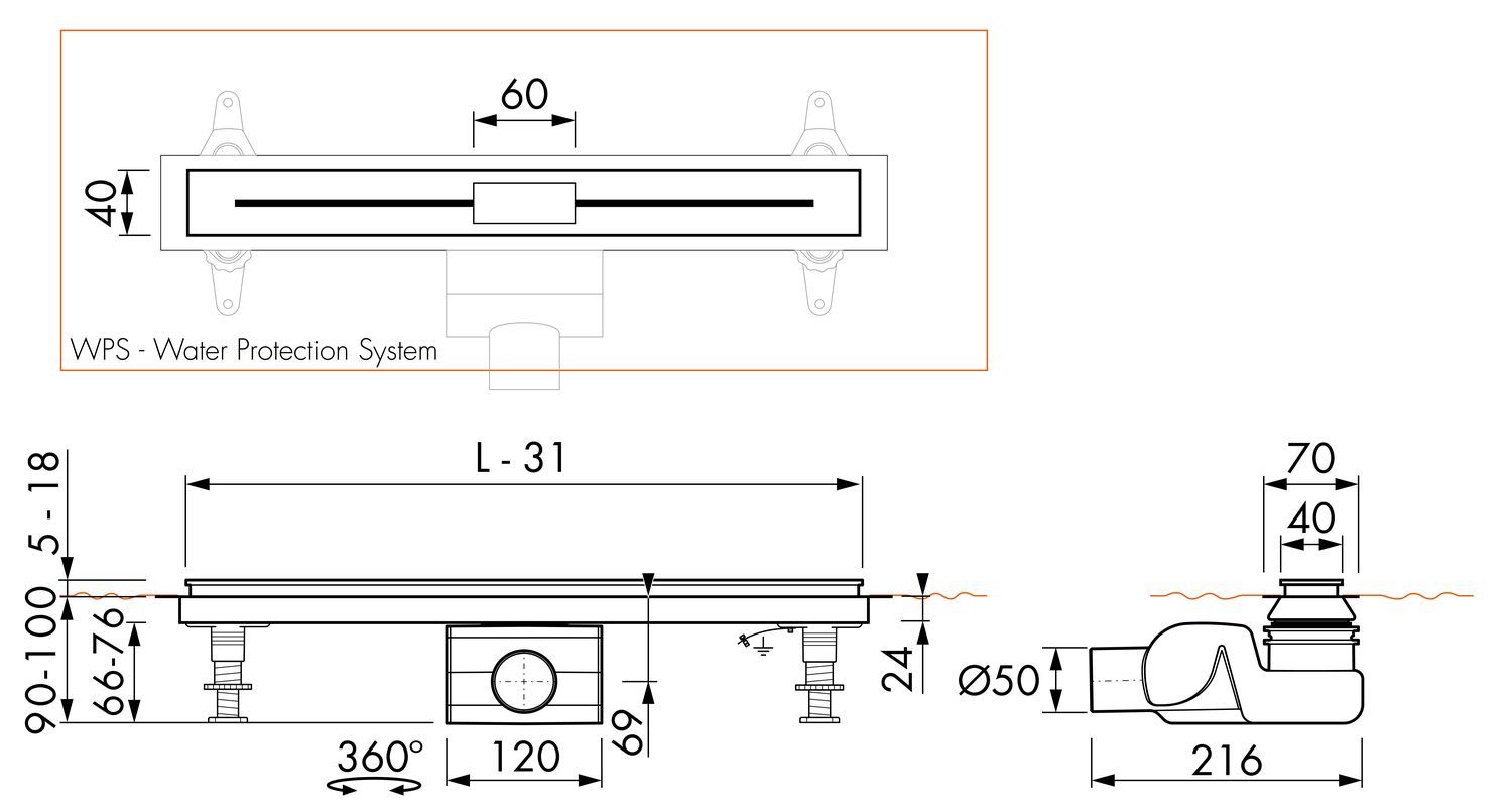 ESS Duschrinne NANO 900 mm, Sperrwasserhöhe 50 mm, Bauhöhe 90-100 mm, Edelstahl gebürstet
