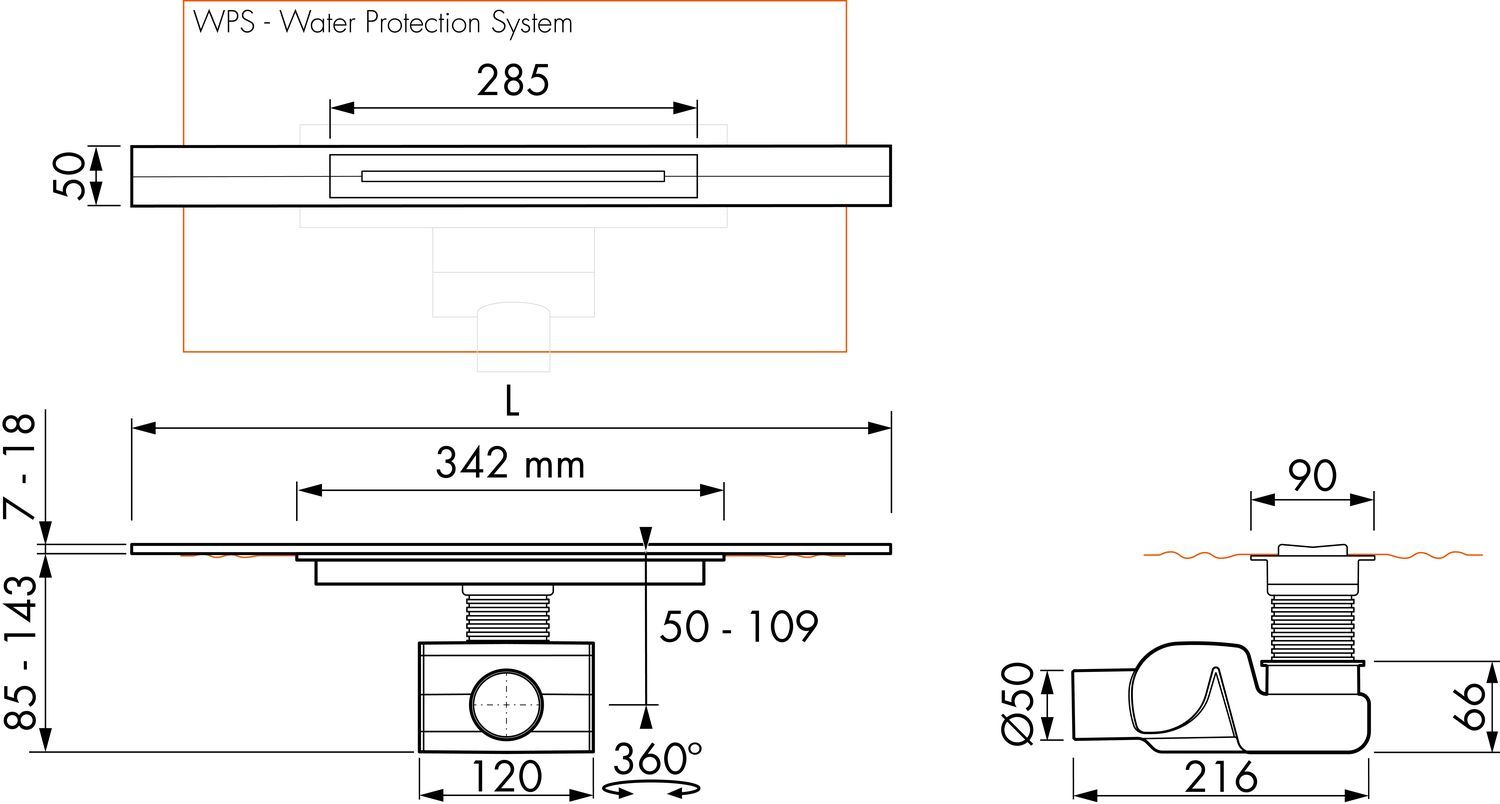 ESS Duschrinne R-LINE Waterstop 900 mm, Sperrwasserhöhe 28/50 mm, Bauhöhe 69/85 mm, Edelstahl gebürstet