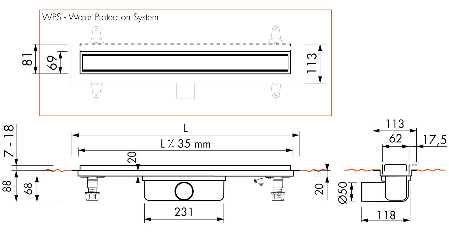 ESS Duschrinne Compact clean TAF 110cm, Swh. 30 & 50mm & Dryphon