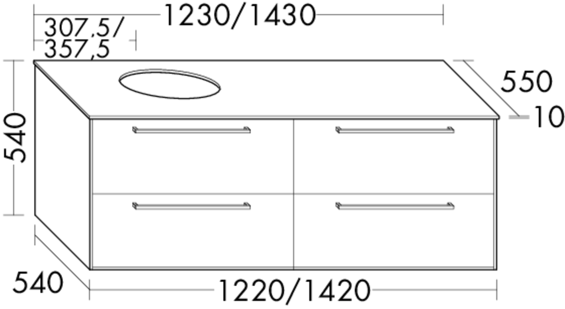 Burgbad Osera Waschtisch-Unterschrank 143 x 54 x 55 cm, links, 4 Auszüge, Glasabdeckplatte Schilf matt, Front Eiche Dekor Merino
