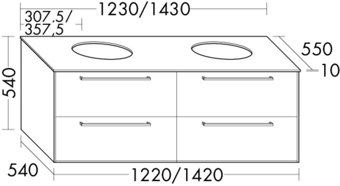 Burgbad Osera Waschtisch-Unterschrank 123 x 54 x 55 cm, 4 Auszüge, Glasabdeckplatte Weiß matt, Front Eiche Dekor Merino