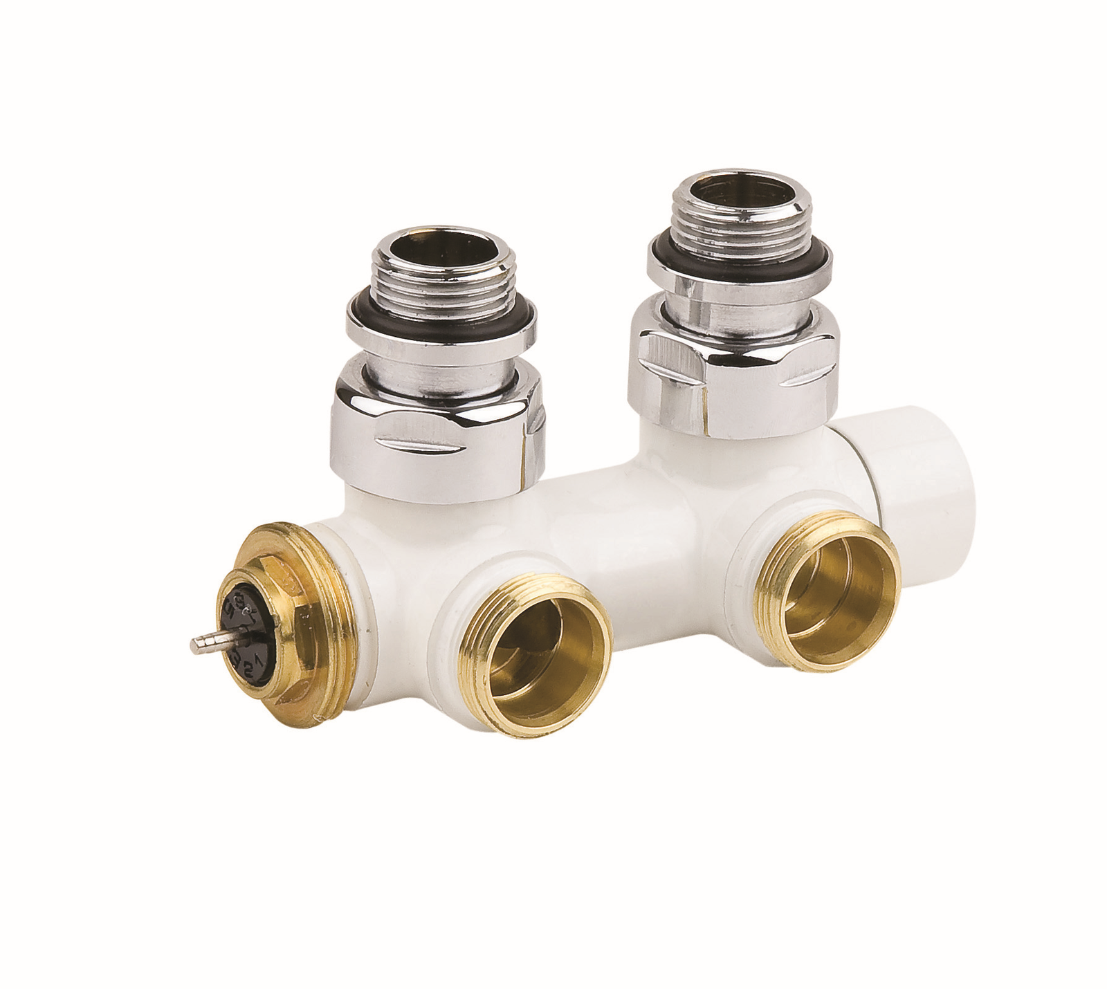 Flamco Design-Ventilhahnblock 738 G 1/2 MxG 3/4 M Eurokonus, Eckform, Messing, weiß