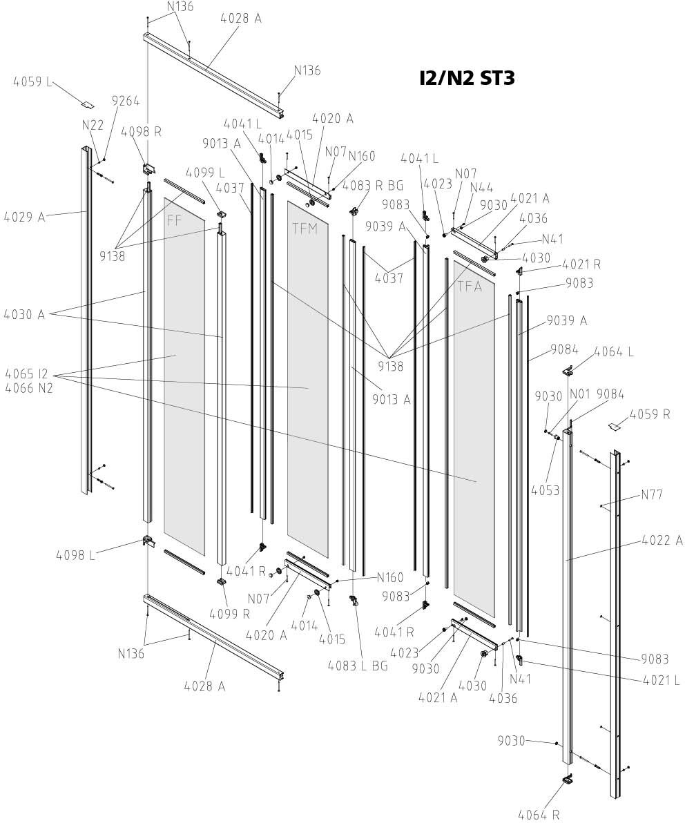FORMAT Basic Gleittür 3-tlg. mit Festfeld silbermatt, 900 x 1850 mm, Kerolan Fontana