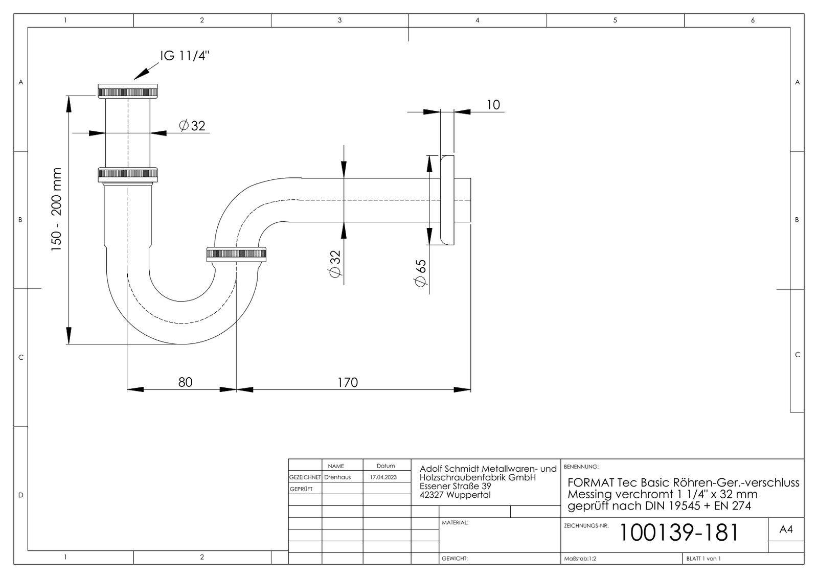 FORMAT Tec Basic Röhren-Geruchsverschluss 1 1/4"x32mm, Messing, chrom