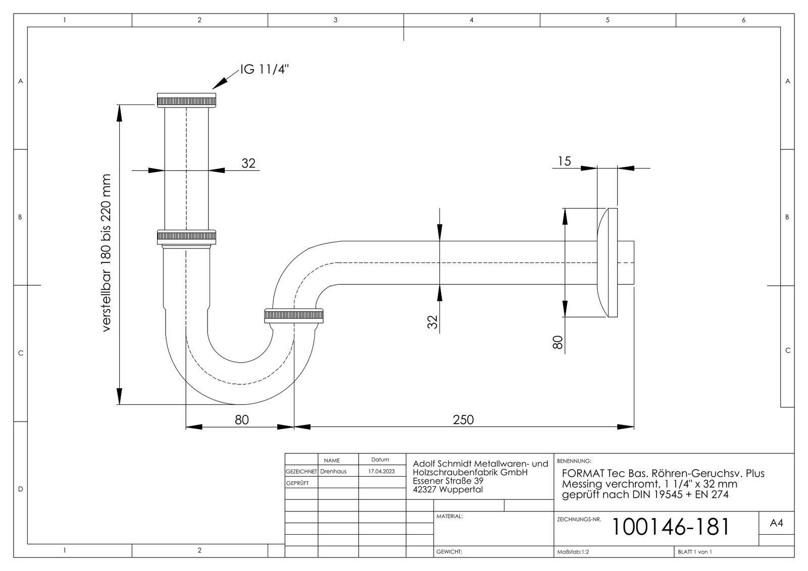 FORMAT Tec Basic Röhren-Geruchsverschluss Plus 1 1/4", Messing, chrom