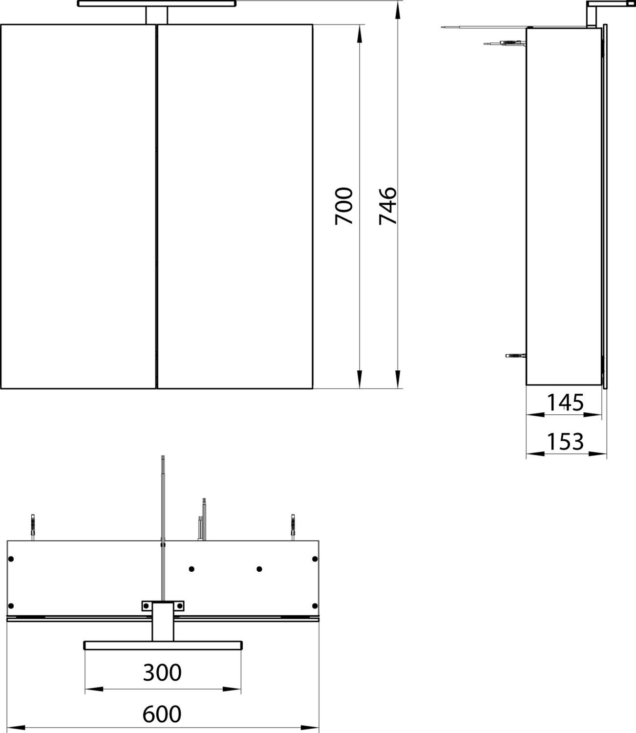 FORMAT Pro Lichtspiegelschrank 600 x 700/746 x 145 mm, Aluminium, 2-türig, Aufputz
