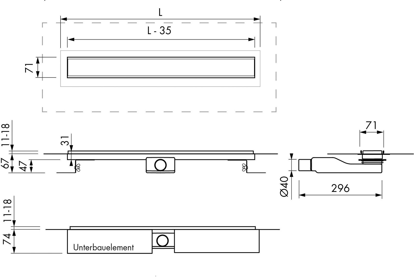 FORMAT Tec Flex-F Duschrinne frei befliesbar, 2x Siphon, Edelstahl gebürstet, 900 mm