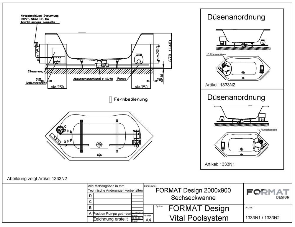 FORMAT Design 6-Eck-Poolwanne 200 x 90 cm, Vital, Rückendüsen rechts, weiß