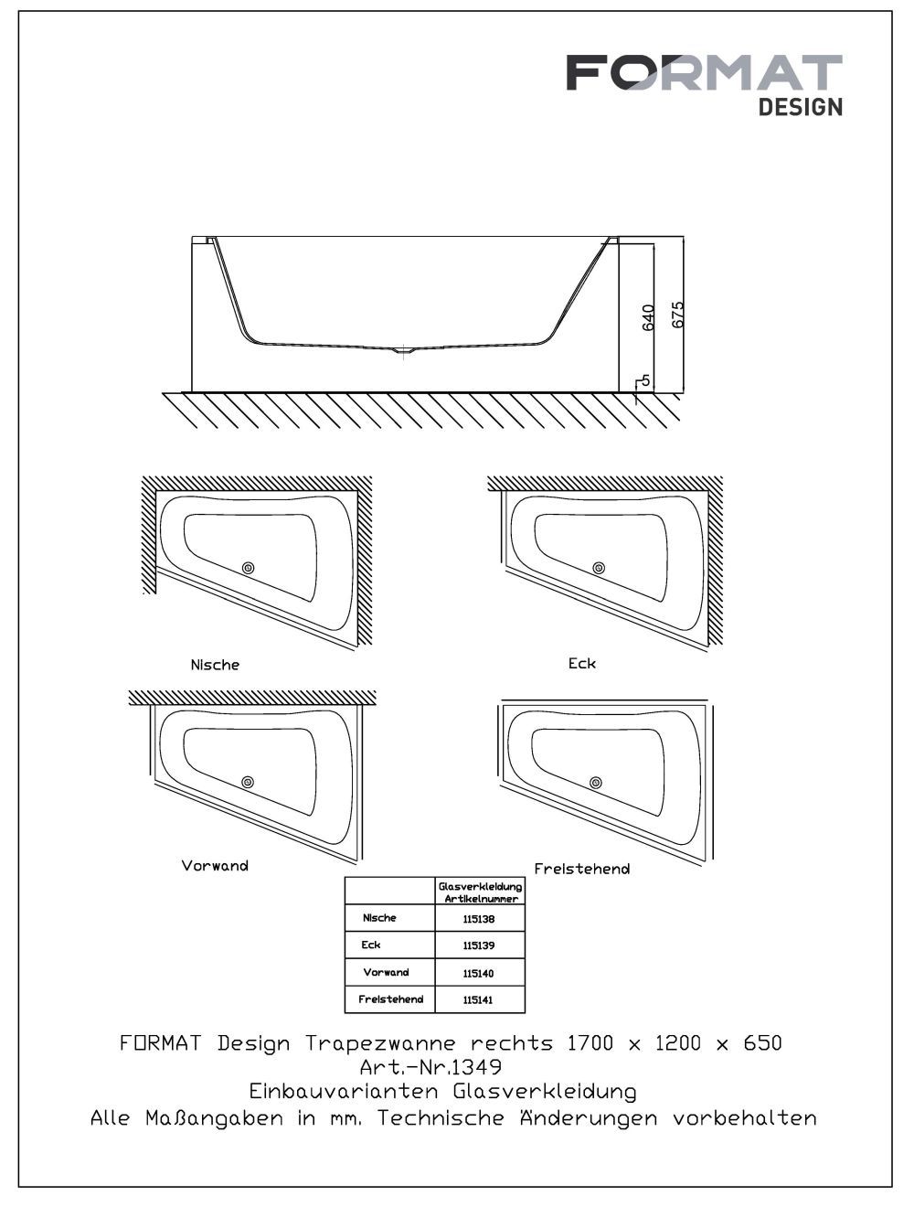 FORMAT Design Glasverkleidung zu Trapezwanne 170 x 120 cm, rechts, weiß, für Nische