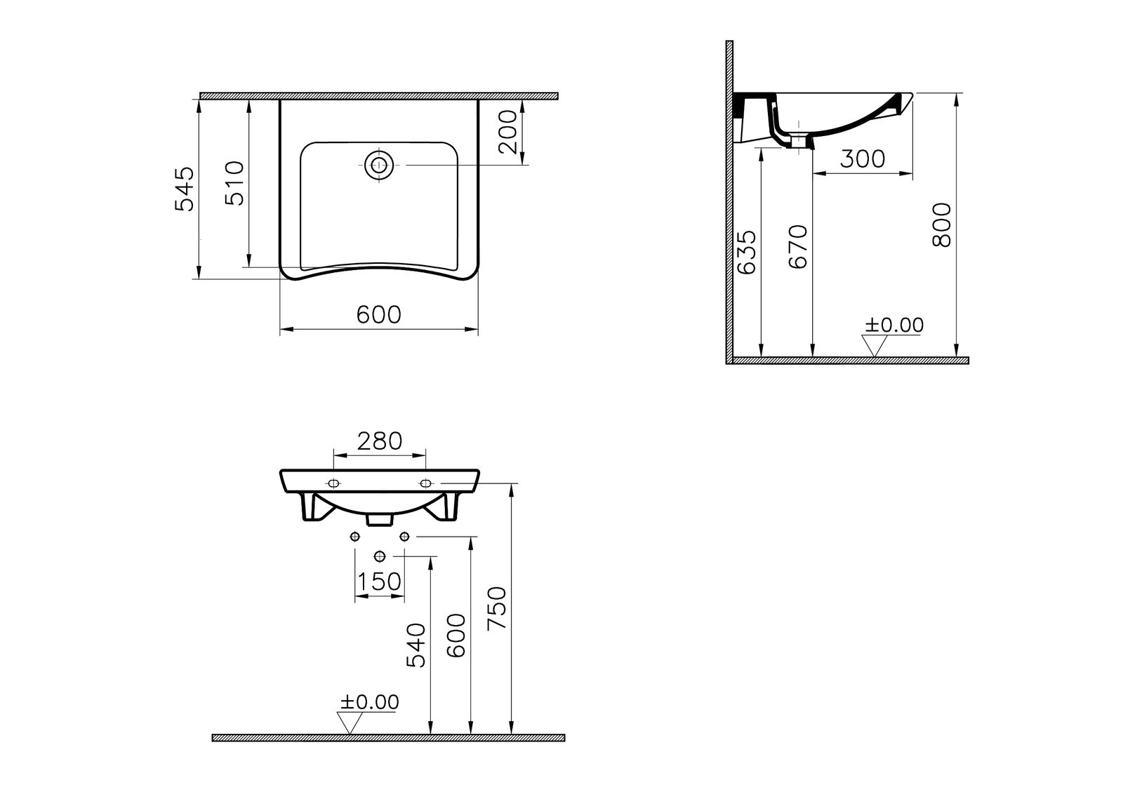FORMAT Plus Waschtisch 60 x 54,5/51 cm, weiß, mit Überlauf, ohne Hahnloch