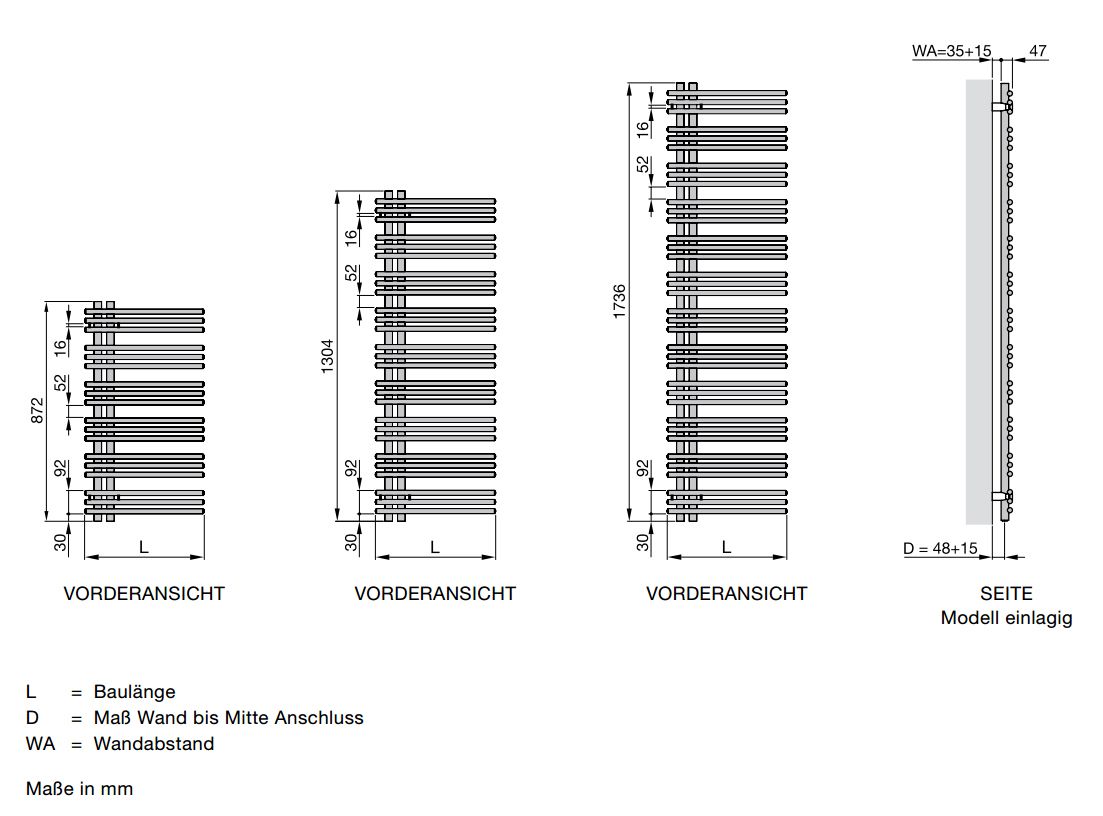 FORMAT Design Badheizkörper Typ Y BH 1736 mm, BL 578 mm, einlagig, weiß