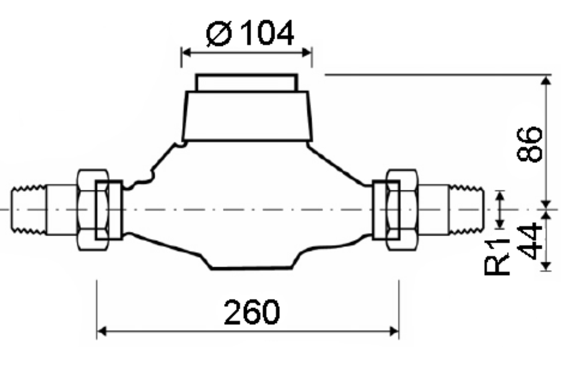 FORMAT Tec Mehrstrahl-Nassläufer K Q3 10 H, DN 25 (1"), waagrecht, 1 1/4" AG, 260mm