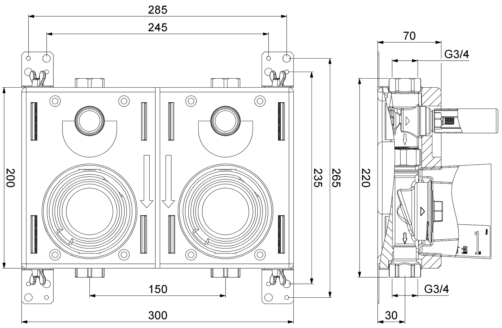 FORMAT Tec Miniblock Duo Koax DN 20 (3/4") IG, Rotguss mit Spindel-V/OBB-2