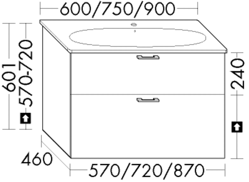 FORMAT Design Waschtisch-Unterschrank 720 x 601 x 460 mm, Eiche Dekor Merino, 1 Schublade/1 Auszug