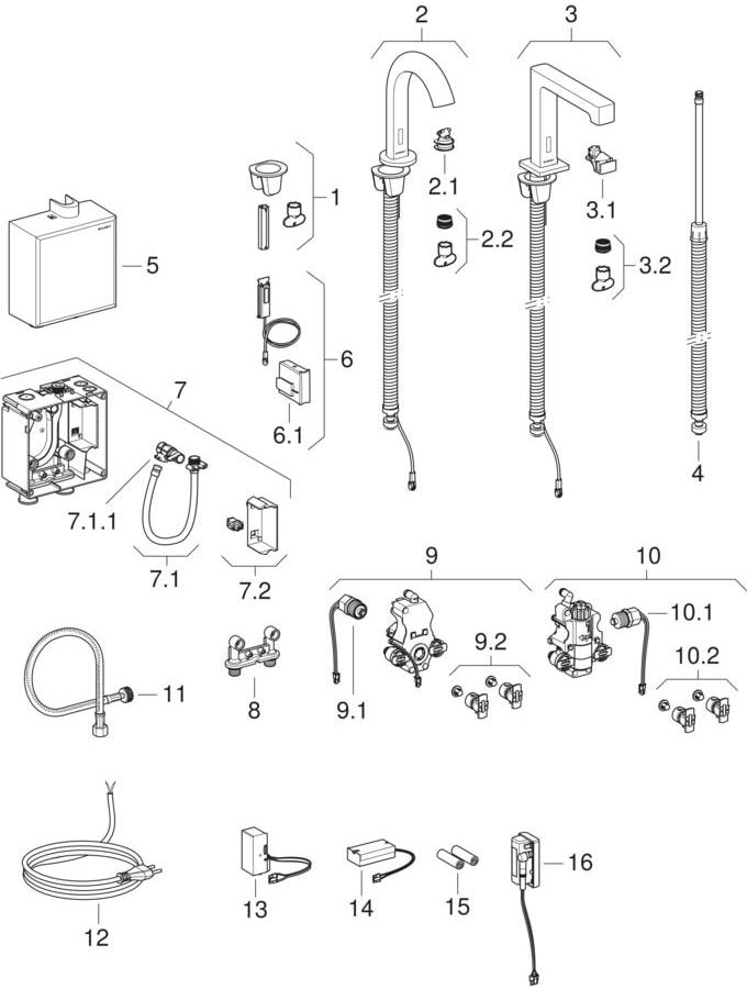 Geberit Infrarot-Waschtisch-Armatur Piave mit Thermostatmischer, Standmontage, Batteriebetrieb, AP-Funktionsbox