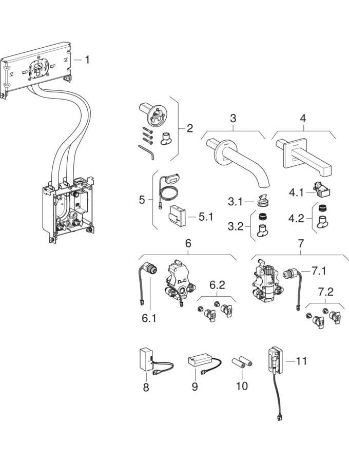 Geberit Infrarot-Waschtisch-Armatur Brenta 17 cm, Wandmontage, Netzbetrieb, UP-Funktionsbox, mit Thermostatmischer, hochglanz-verchromt