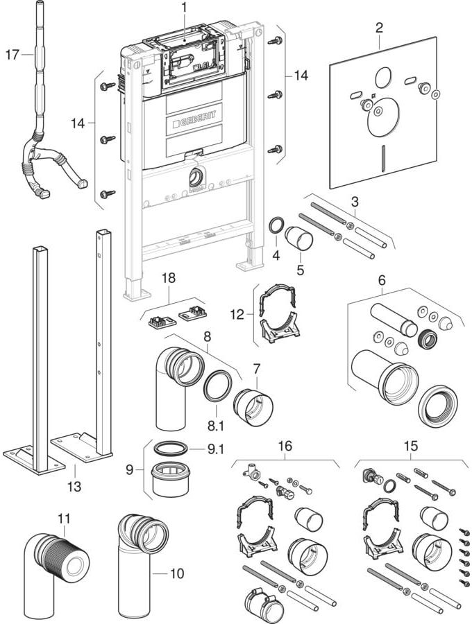 Geberit Wand-WC-Element Duofix BH 82cm, Betätigung oben/vorne, mit Omega UP-Spülkasten 12 cm