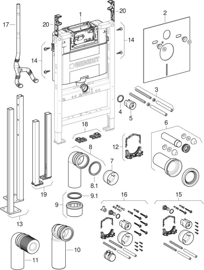 Geberit Wand-WC-Element Duofix BH 82cm, Betätigung oben/vorne, mit Omega UP-Spülkasten 12 cm