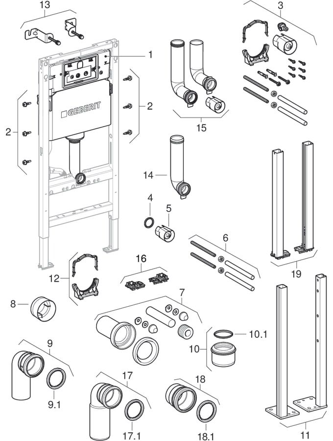 Geberit Wand-WC-Element Duofix Basic BH 112cm, Betätigung vorne, mit Delta UP-Spülkasten 12 cm