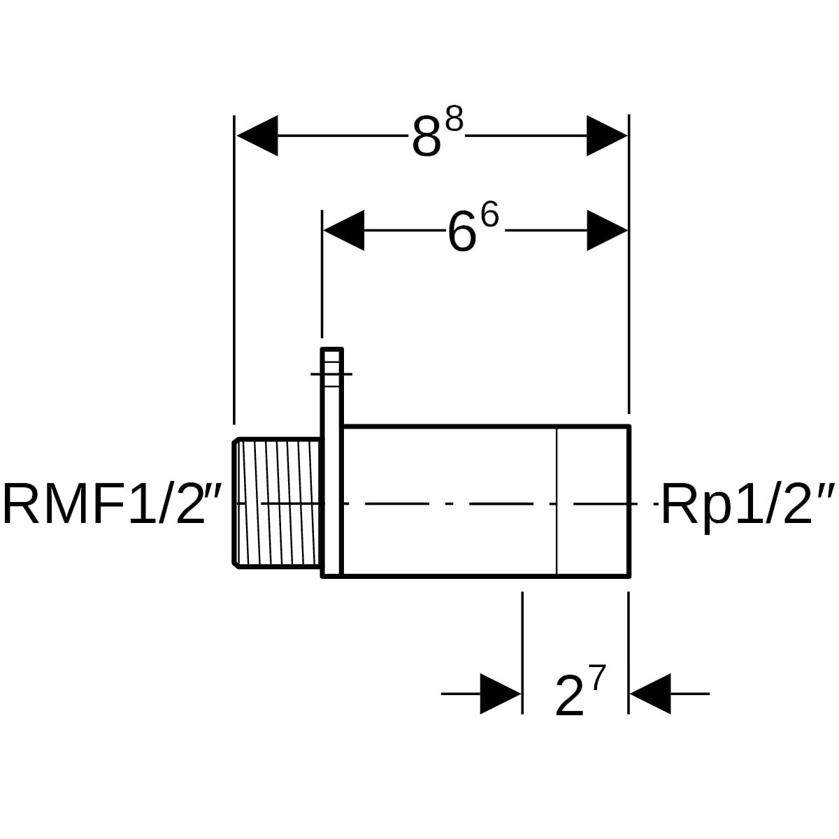 Geberit Anschluss R 1/2 x Rp 1/2, 6,6 cm, mit AG MF 1/2", gerade, Rotguss