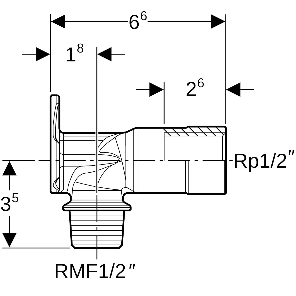 Geberit Anschlusswinkel Rp 1/2 x R MF 1/2 x 6,6 cm, 90Grad, Rotguss
