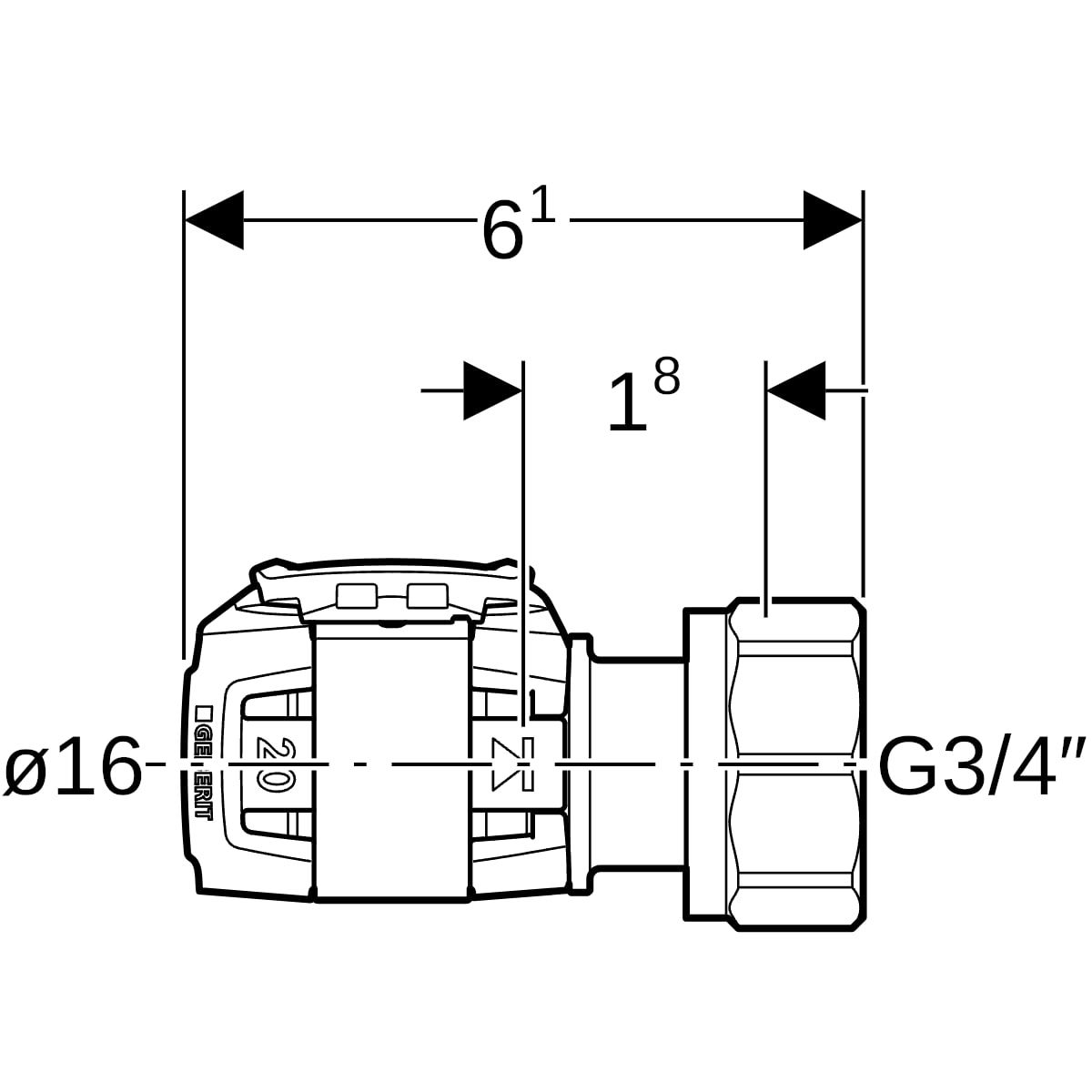 Geberit Anschluss FlowFit Ø 16 mm x G 3/4, 61 mm, für Eurokonus, mit Überwurfmutter