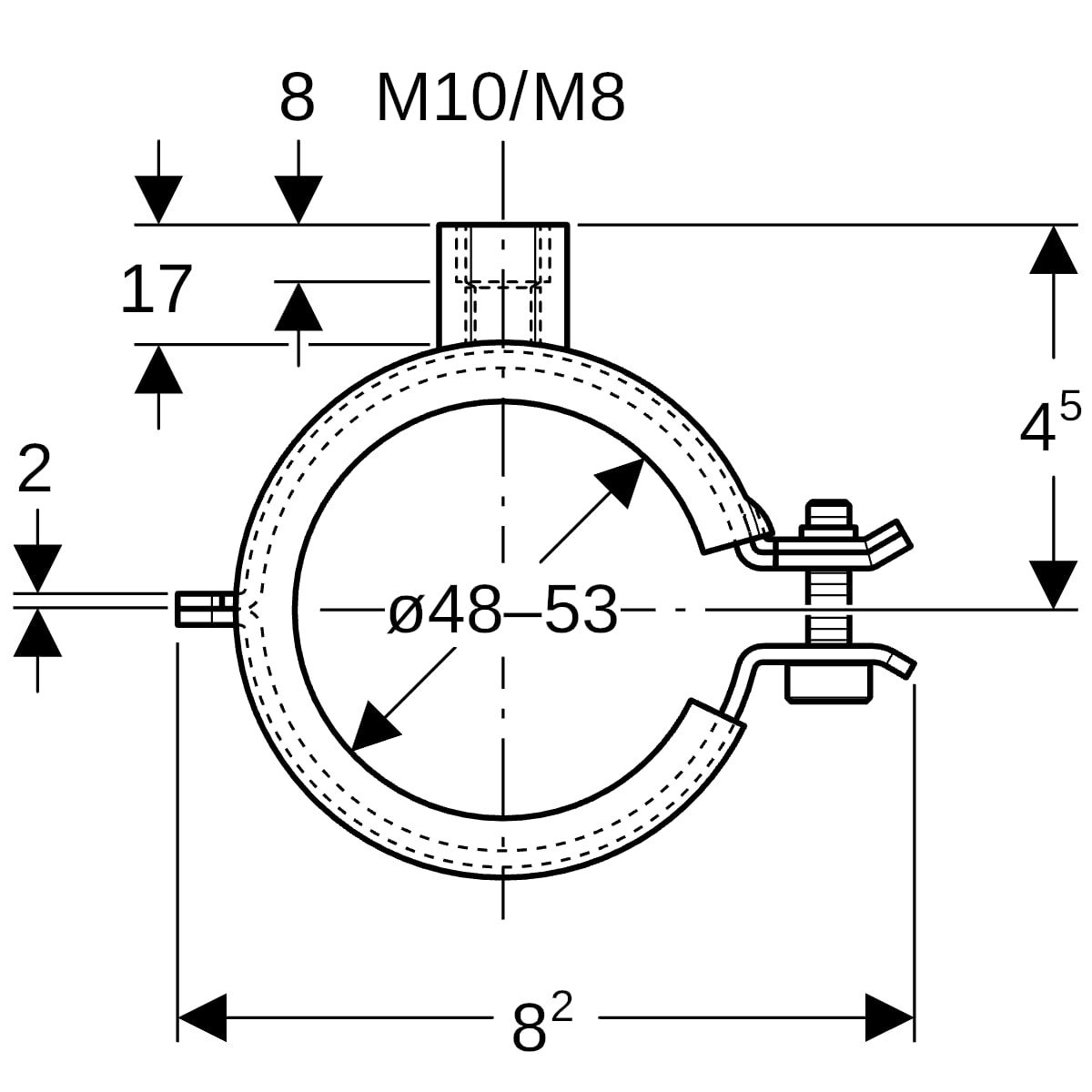 Geberit Rohrschelle FlowFit 48-53 mm, Breite 8,2 cm, Länge 45 mm, mit Gewindemuffe M8/M10