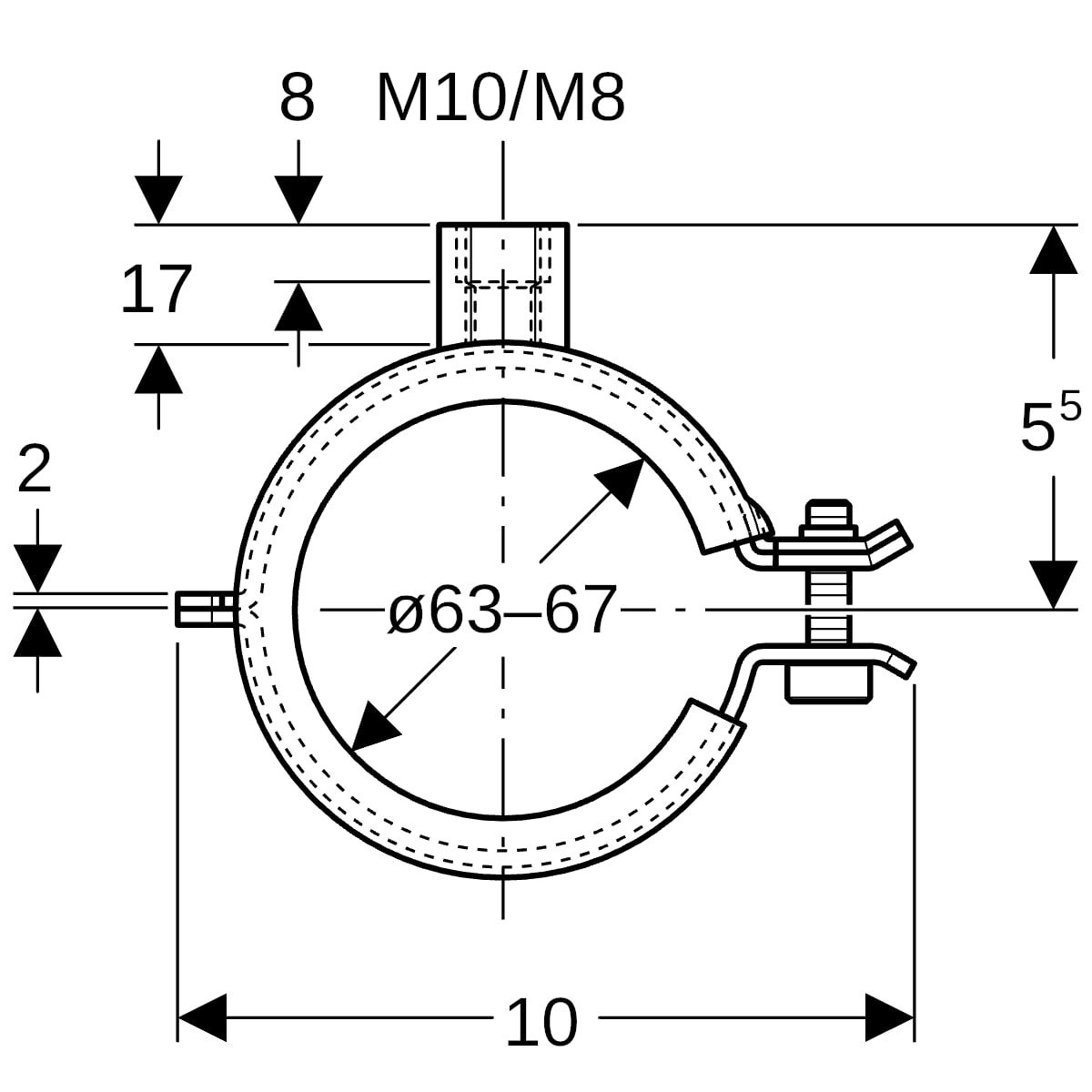 Geberit Rohrschelle FlowFit 63-67 mm, Breite 10 cm, Länge 55 mm, mit Gewindemuffe M8/M10