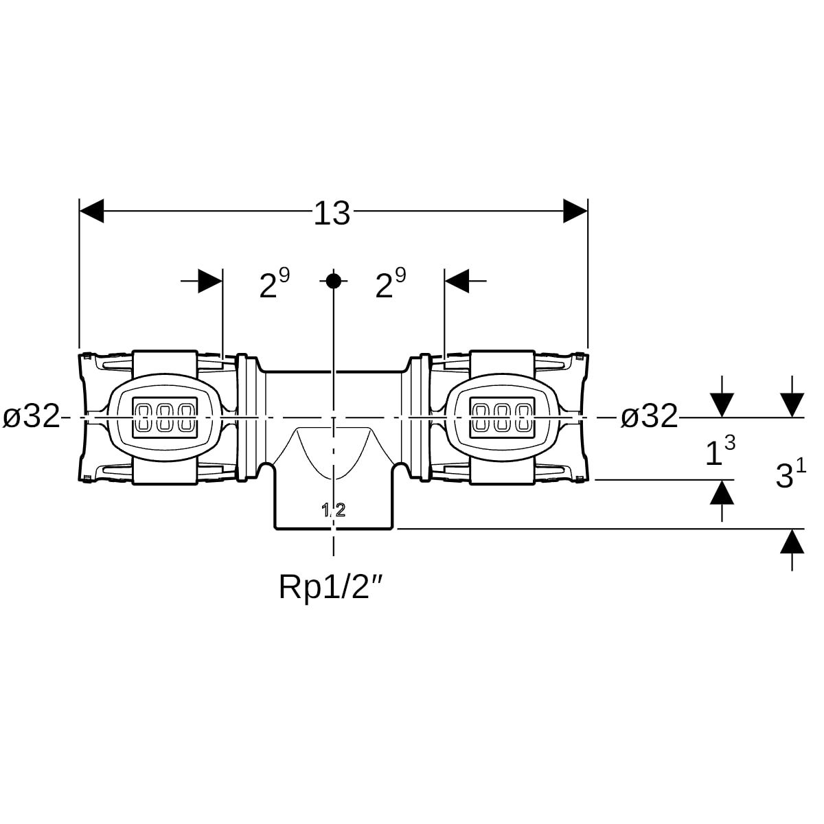 Geberit T-Stück FlowFit 32 mm x Rp 1/2 x 32 mm, mit Innengewinde, Rotguss