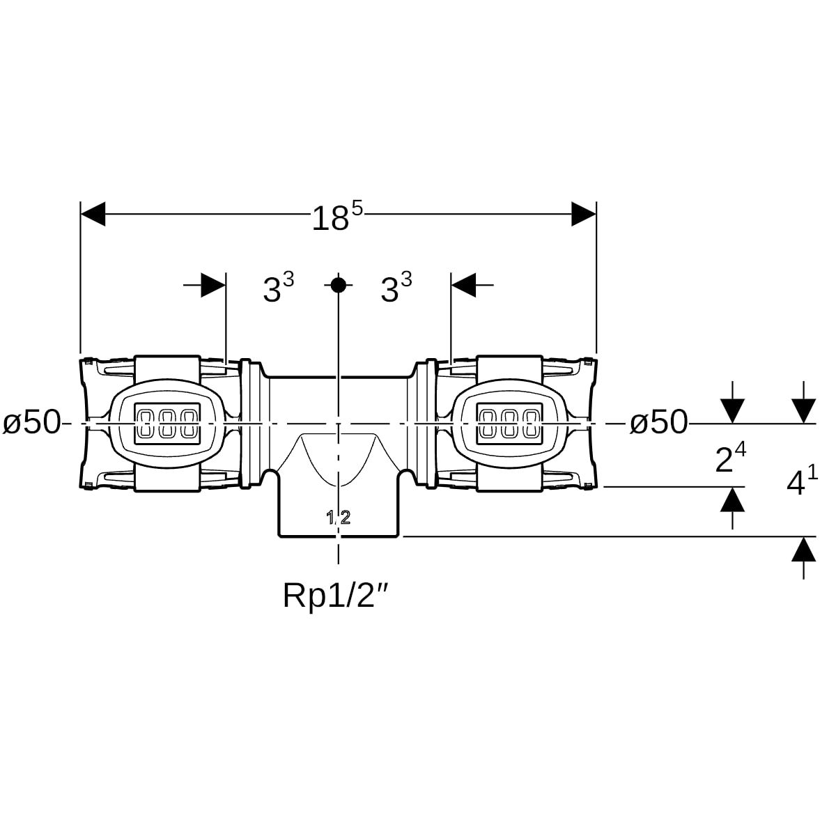 Geberit T-Stück FlowFit 50 mm x Rp 1/2 x 50 mm, mit Innengewinde, Rotguss