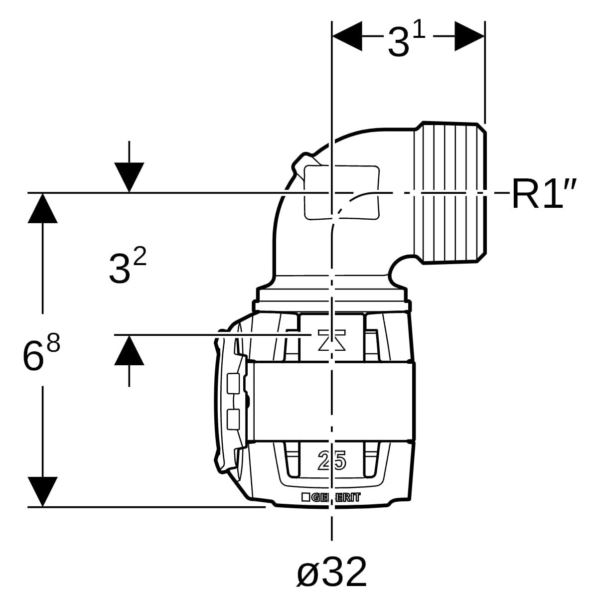 Geberit Übergangsbogen FlowFit Ø 32 mm, R 1, 90Grad, mit Außengewinde