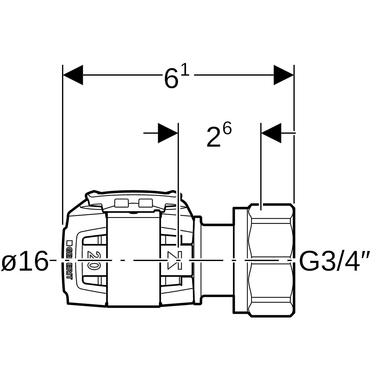 Geberit Verteilerabgang FlowFit Ø 16 mm x G 3/4, 61 mm, für Eurokonus
