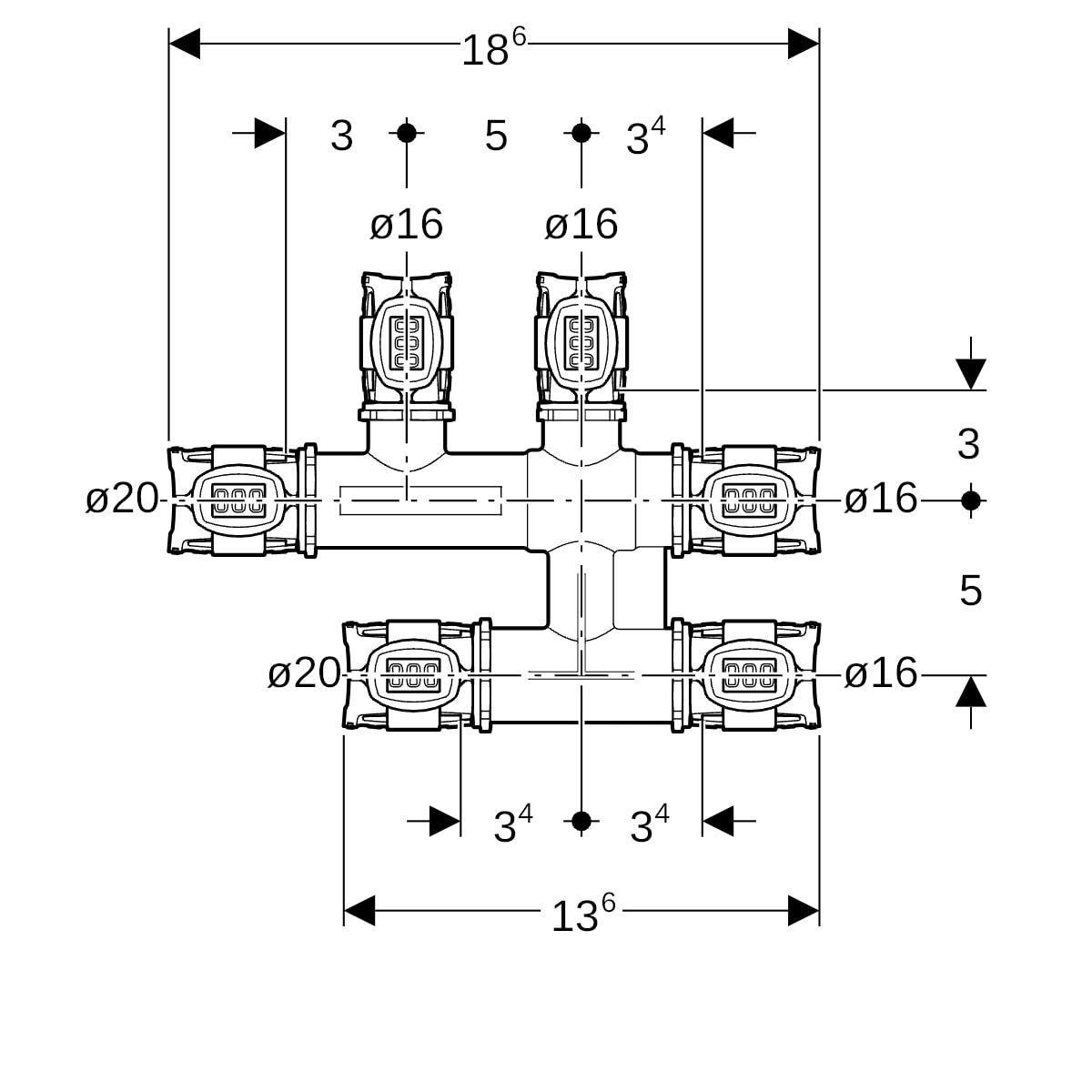 Geberit Kreuzungs-T-Stück FlowFit Ø 20 x 16 x 16 mm, 186 mm, mit Dämmbox